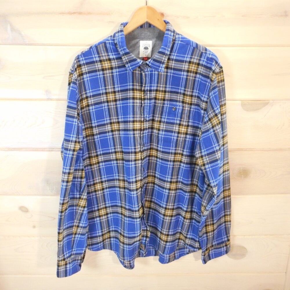 Copper Oak Supply Men's XXL Flannel Shirt Blue Yellow Plaid Long Sleeve Pocket